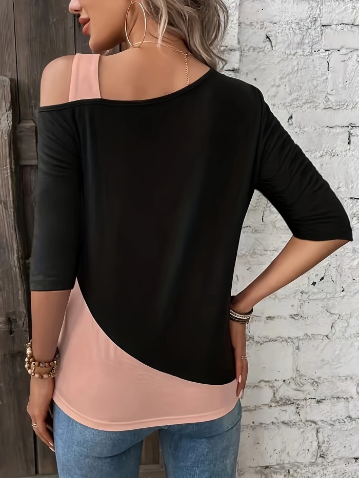 Color Block Off Shoulder T-shirt, Elegant Slant Shoulder Half Sleeve T-shirt, Women's Clothing