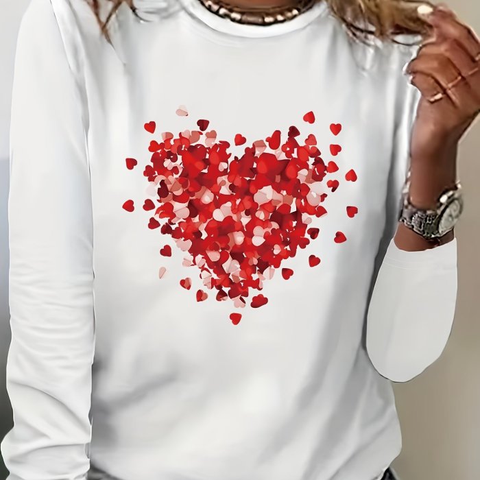 Heart Print T-shirt, Casual Long Sleeve Crew Neck Top For Spring & Fall, Women's Clothing