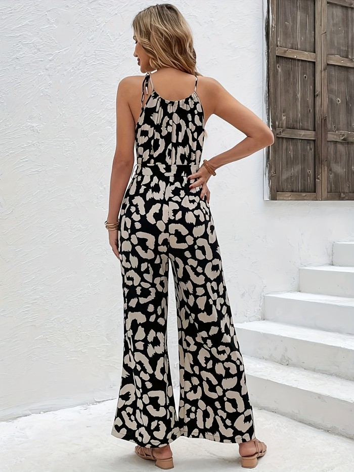 Leopard Print Wide Leg Jumpsuit, Elegant Belted Sleeveless Tied Cami Jumpsuit, Women's Clothing