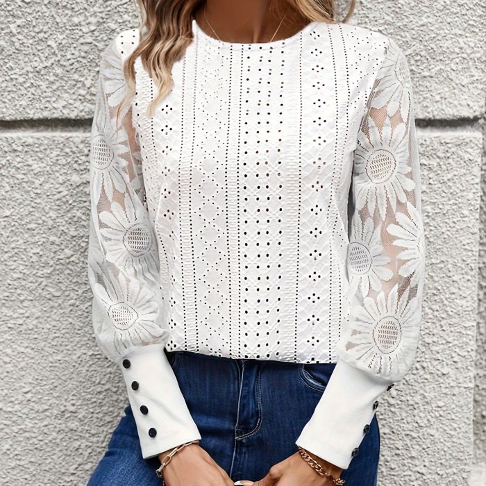 Floral Pattern Eyelet Lace T-shirt, Elegant Button Long Sleeve Top For Spring & Fall, Women's Clothing