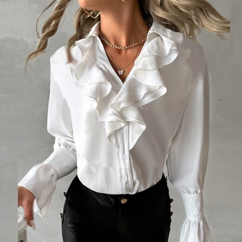 Women Fashion Long Sleeve Blouse Shirt Ruffle Design V Neck Office Shirts