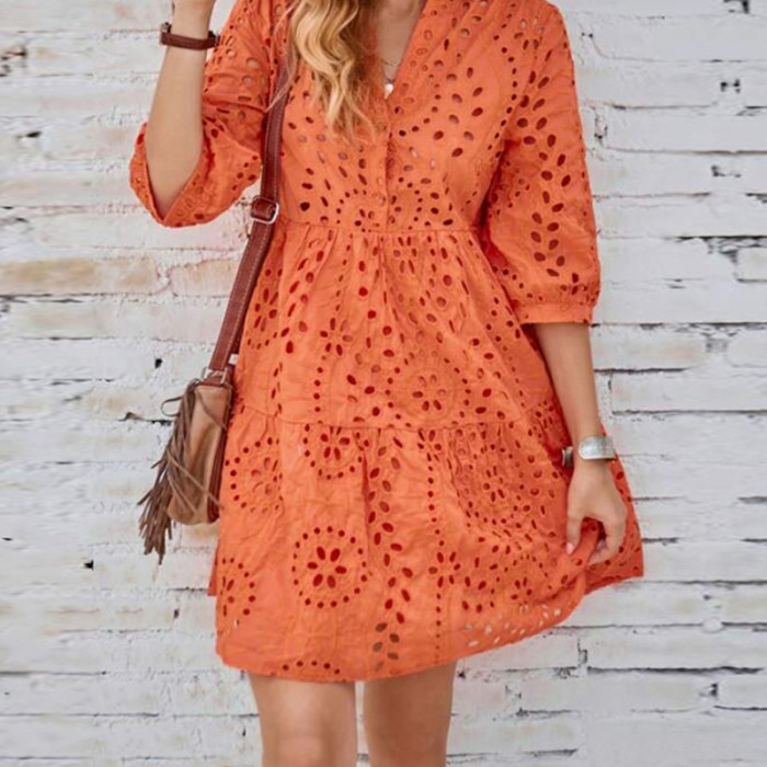 Fashion  Elegant V Neck 3/4 Sleeve Dress Ladies Casual Loose Hollow Out Pattern Dresses