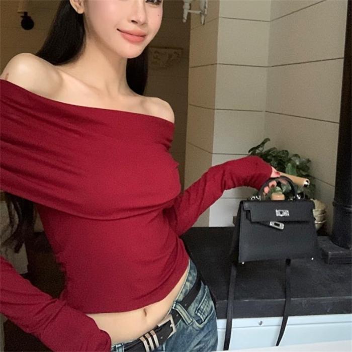 Sexy Tops Off Shoulder Long Sleeve Knit Crop Top Women's Autumn/Winter 2023 New Spicy Girl Slim Fit Short Red T-shirt
