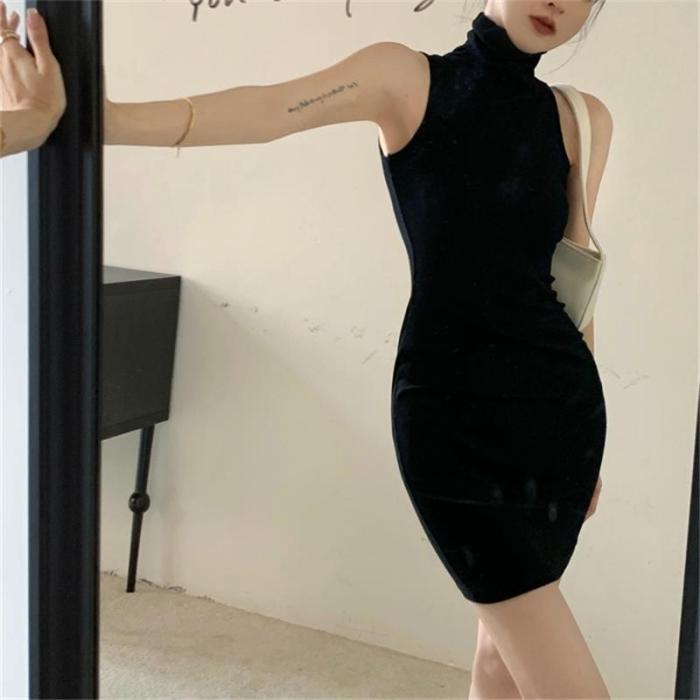 Summer Sexy High Neck Tight Dress Autumn Oversleeve Pleated Bottom Wrapped Hip Dress Women Bodycon Y2k