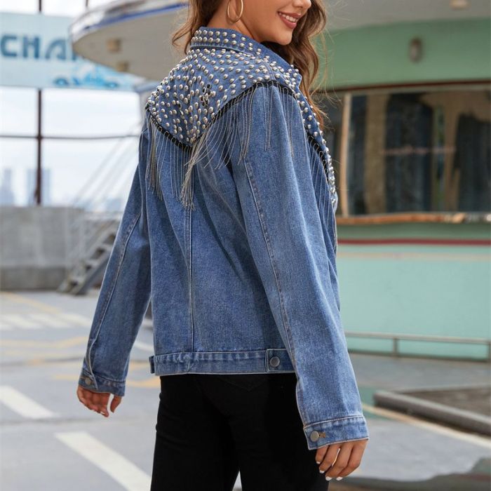 Hand-studded Rivet Tassel Women Denim Jacket Overcoat Female Jeans Jacket Loose Coats