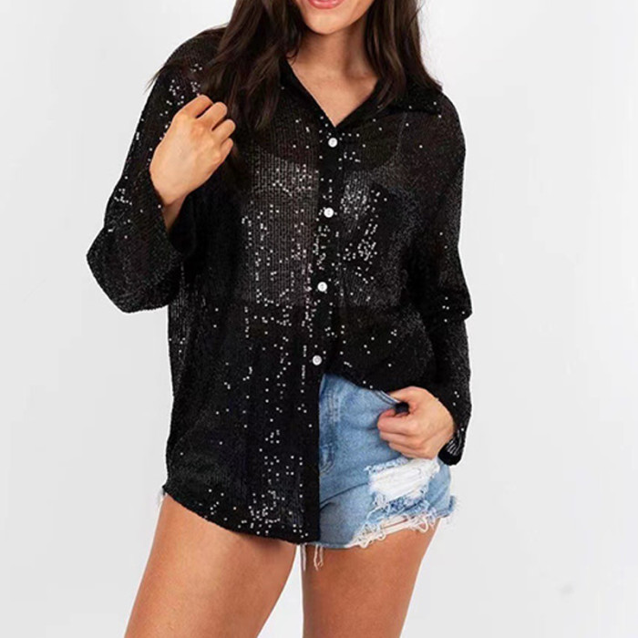 Long Sleeve Loose Blouse Women Glitter Pocket Top Clothing Spring Fashion Sequins Turn-Down Collar Casual Shirt