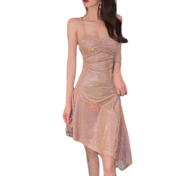 Women's Elegant and Sexy V-Neck Glitter High Waist Strap Irregular Dress