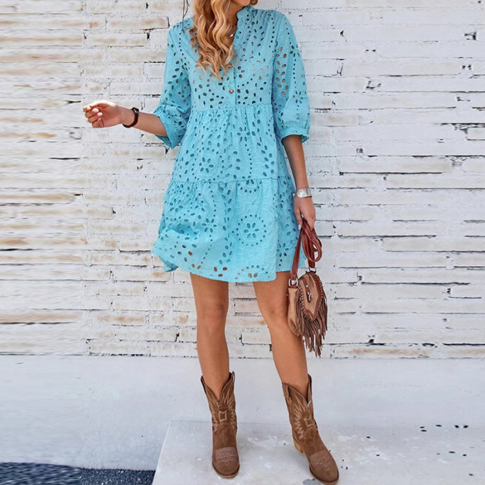 Fashion  Elegant V Neck 3/4 Sleeve Dress Ladies Casual Loose Hollow Out Pattern Dresses