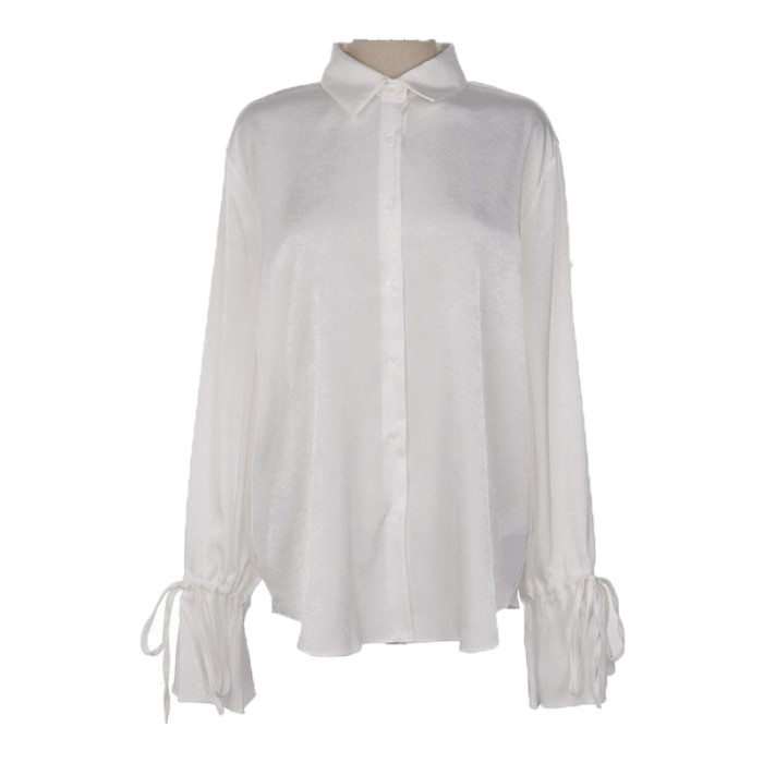 Women Vintage Lace Up Elegant Chic Button Up Shirt Office Lady Simple  Casual Blouse