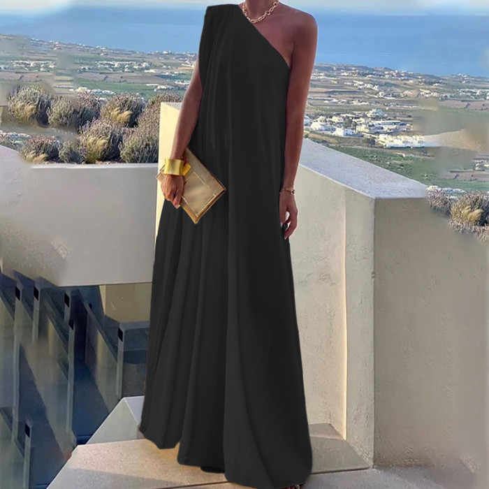 Elegant Halter One-Shoulder Loose Party Dress Lady Solid Color  Temperament Banquet Maxi Dress