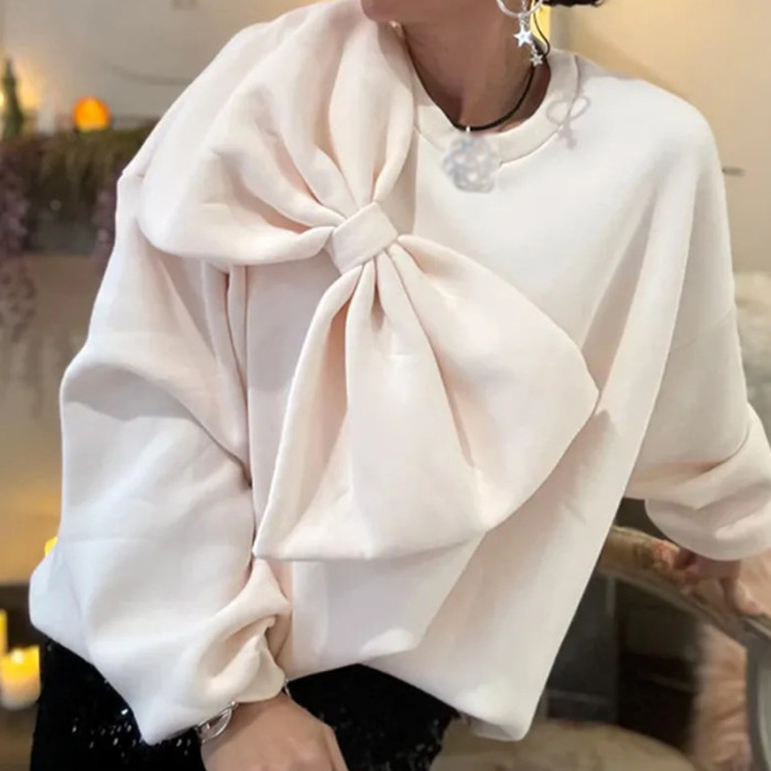 Bowknot Design Fashionable Sweatshirt Women New Spring Elegant O-neck Top Pullover Autumn Long Sleeve Solid Office Blouse Shirts