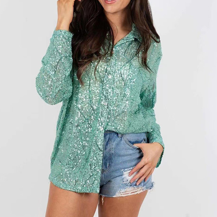 Long Sleeve Loose Blouse Women Glitter Pocket Top Clothing Spring Fashion Sequins Turn-Down Collar Casual Shirt