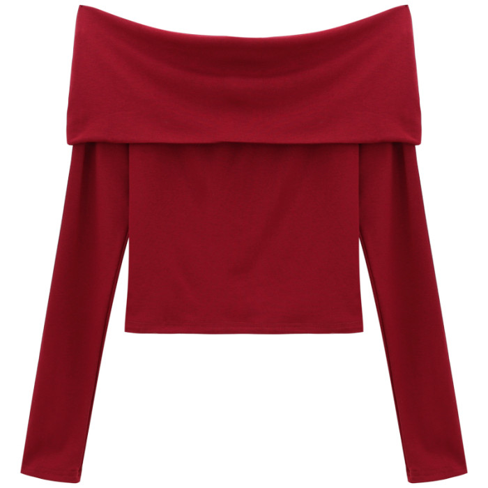 Sexy Tops Off Shoulder Long Sleeve Knit Crop Top Women's Autumn/Winter 2023 New Spicy Girl Slim Fit Short Red T-shirt