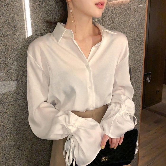 Women Vintage Lace Up Elegant Chic Button Up Shirt Office Lady Simple  Casual Blouse
