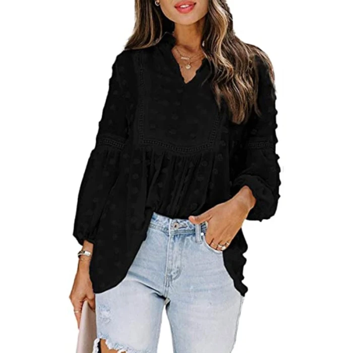 Women Lantern Long Sleeve Chiffon Blouse Sexy V-Neck Swiss Dot Lace Splicing Flowy Shirts Solid Color Loose Pleated Pullover