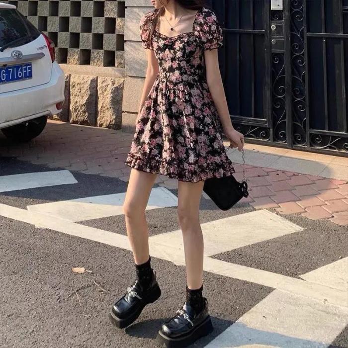 Women's Fashionable Floral Square Neck Puff Sleeve A-Line Dress