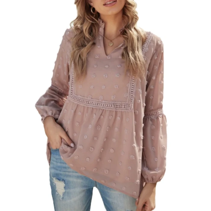 Women Lantern Long Sleeve Chiffon Blouse Sexy V-Neck Swiss Dot Lace Splicing Flowy Shirts Solid Color Loose Pleated Pullover