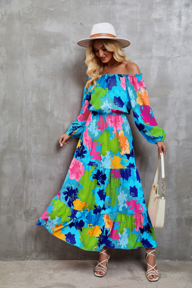 Women's Fashionable Boat Collar Printed Casual Loose Long Skirt