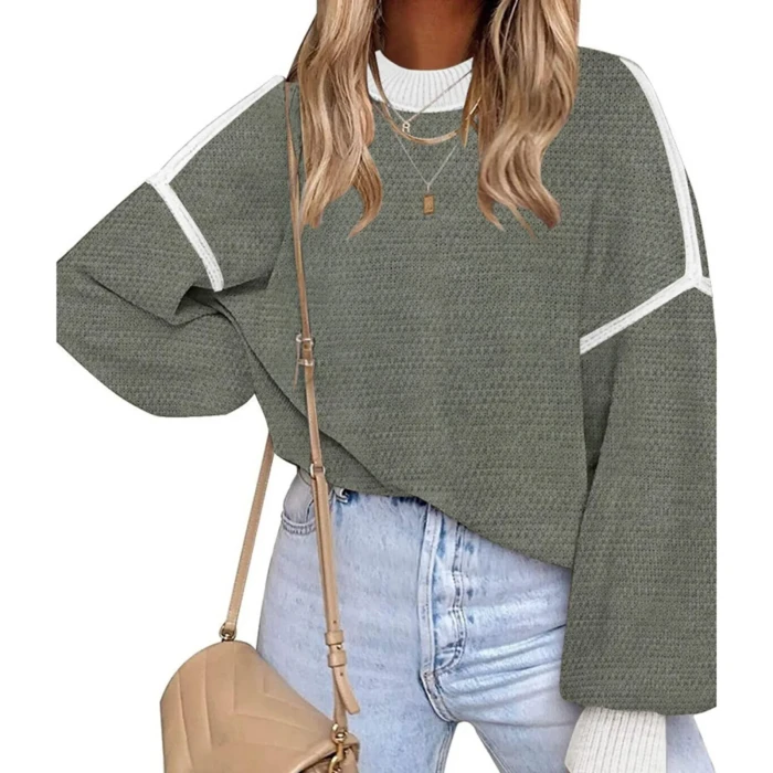 Women Sweater Fashion Round Neck Long Lantern Sleeves Streetwear Clothes Sport Casual Pullovers Jumper
