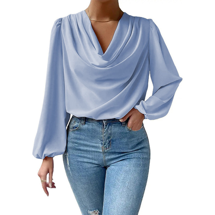 Fashion V Neck Long Sleeve Blouse Solid Elegant Office Lady Casual Shirt  Tops