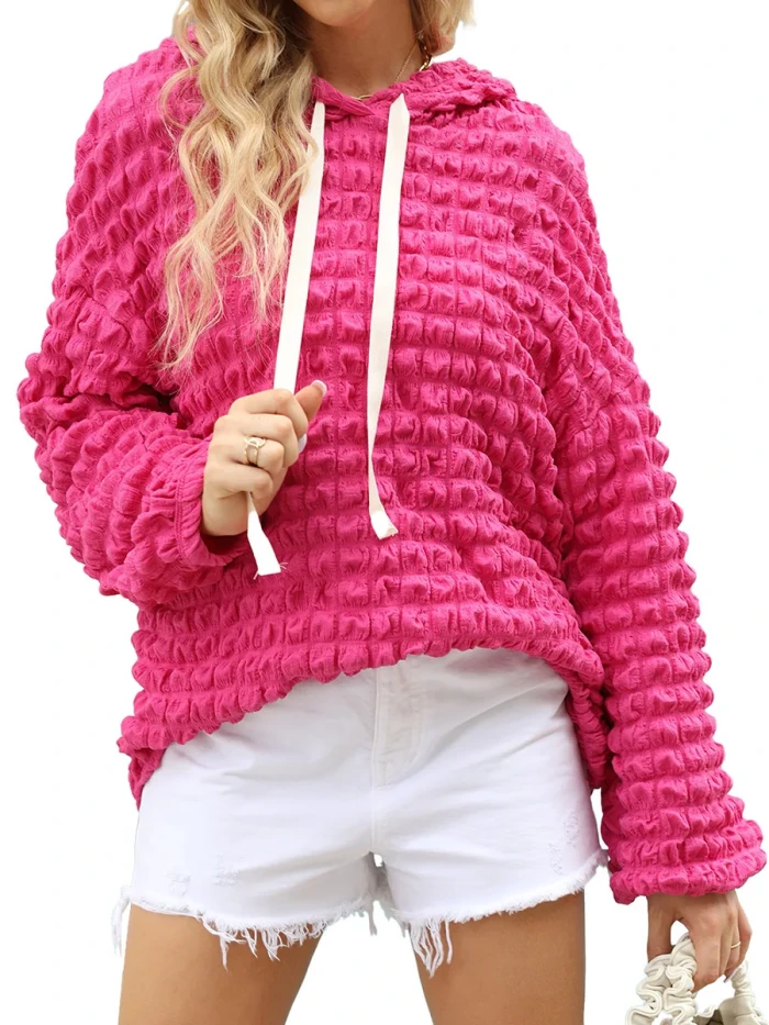 Women Pink Bubble Woven Balloon Sleeve Hoodie Ladie Twill Puff Sleeve Waffle Sweatshirt