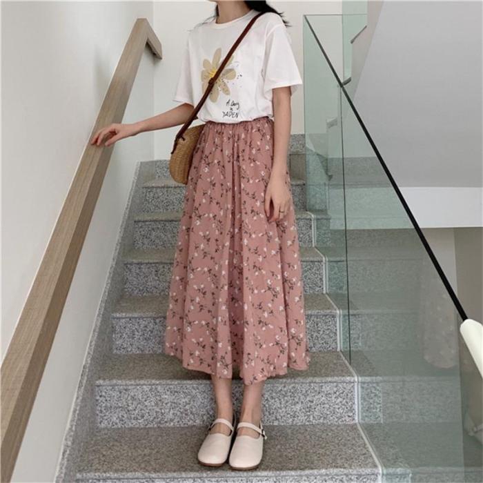 Vintage Floral Print A-line Pleated Long Skirts Summer Women 2023 Korean Skirt Streetwear Drawstring Elastic Waist Midi Skirt