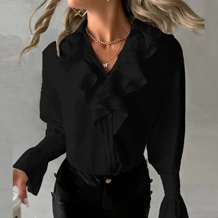 Women Fashion Long Sleeve Blouse Shirt Ruffle Design V Neck Office Shirts