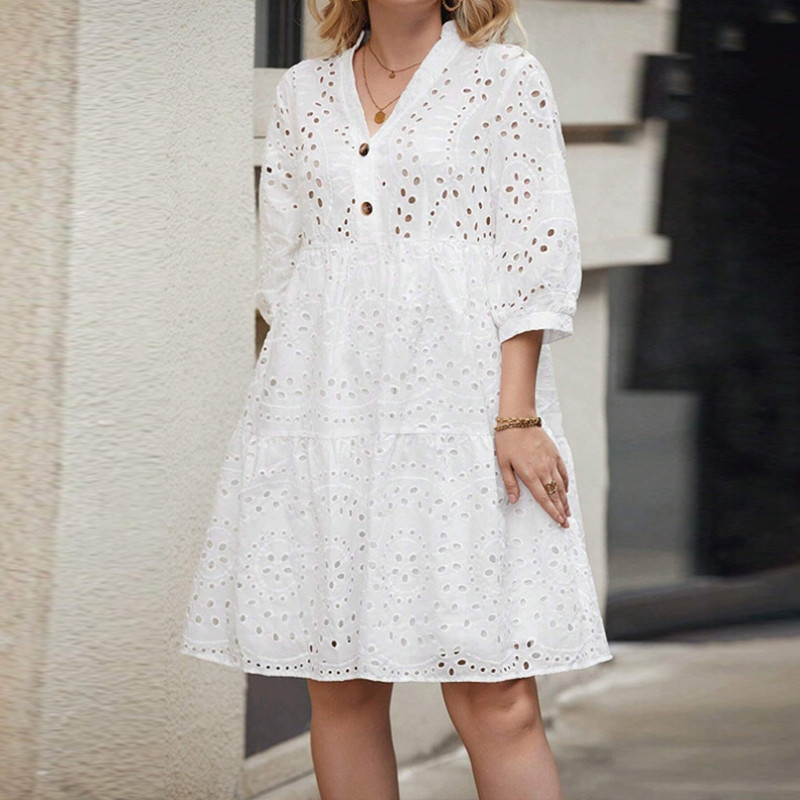 Fashion  Elegant V Neck 3/4 Sleeve Dress Ladies Casual Loose Hollow Out Pattern Dresses