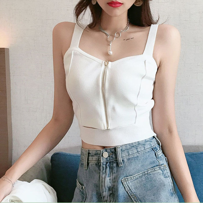 Women Crop Top Zipper Fly Camisoles Knitted Sexy Vest Hollow Female Sleeveless Solid short Tops Slim For Girl Summer Streetwear