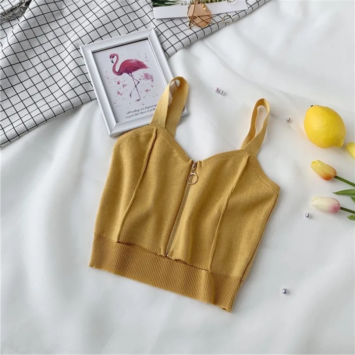 Women Crop Top Zipper Fly Camisoles Knitted Sexy Vest Hollow Female Sleeveless Solid short Tops Slim For Girl Summer Streetwear