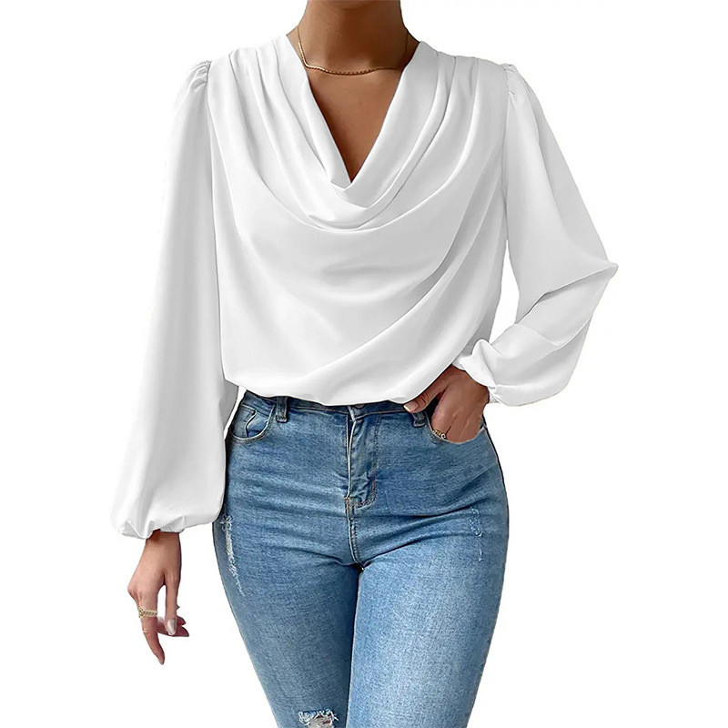 Fashion V Neck Long Sleeve Blouse Solid Elegant Office Lady Casual Shirt  Tops