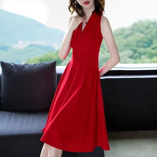 Vintage Hepburn Style Sexy V Neck High Waist Elegant Party Dresses