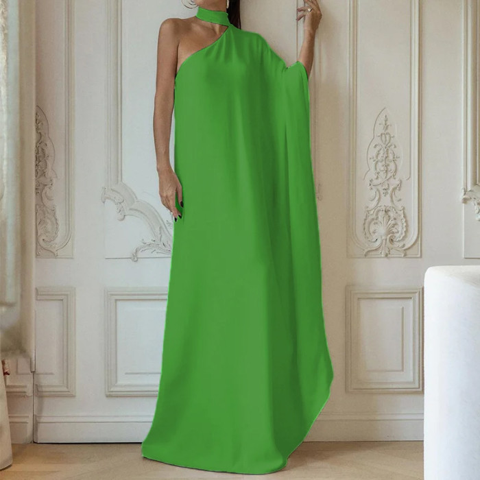 Elegant Halter One-Shoulder Loose Party Dress Lady Solid Color  Temperament Banquet Maxi Dress