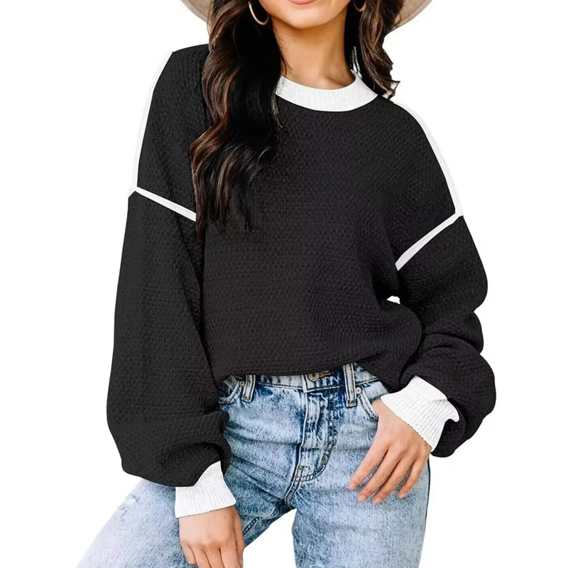 Women Sweater Fashion Round Neck Long Lantern Sleeves Streetwear Clothes Sport Casual Pullovers Jumper