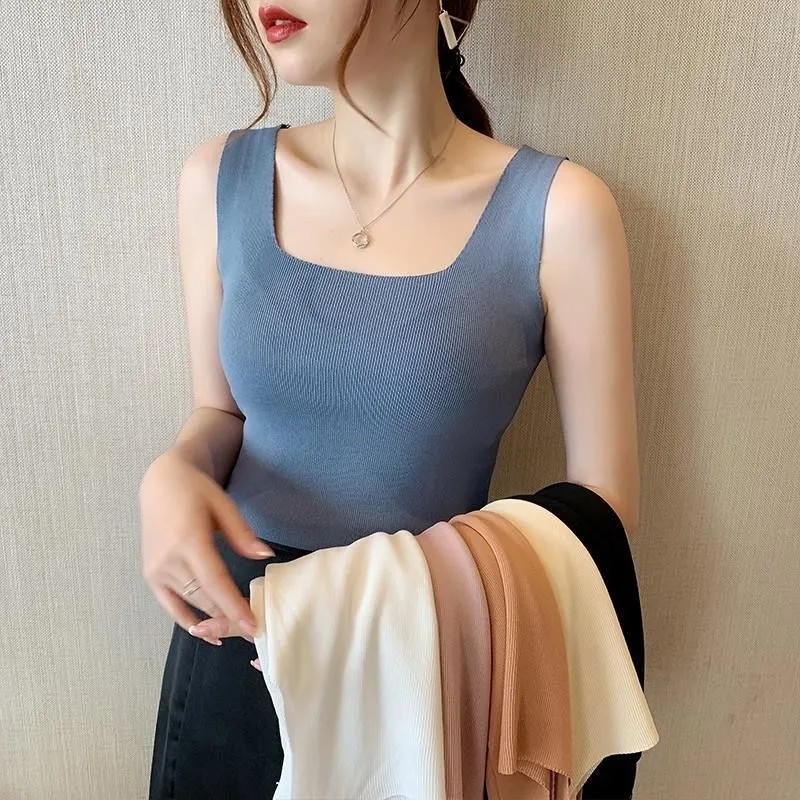 U Neck Knitted Tops Casual Slim Women Summer T-shirts Female Sleeveless Fashion Sexy Korean Style Tights Streetwear