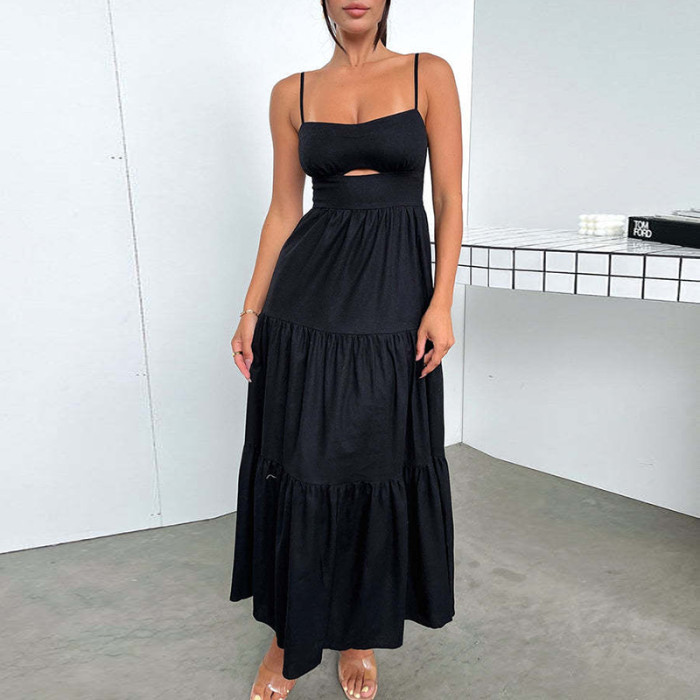 Strapless High Waist Hollow Sexy Solid Pleated Boho Backless Zipper Sling Maxi Dresses