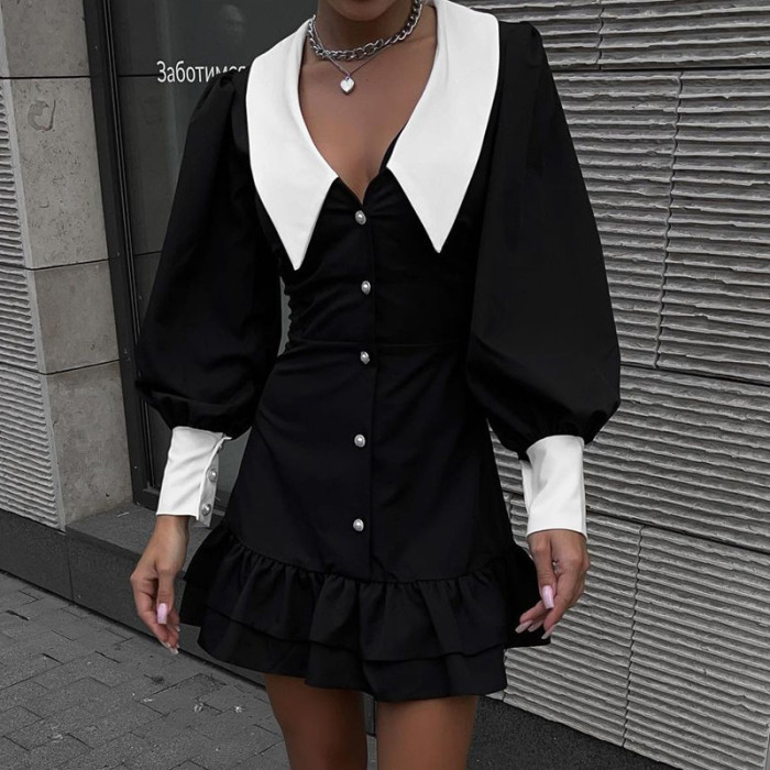 Sexy Black Dresses French Patchwork Puff  Commute V-neck Single Breasted Ruffles Party Dress