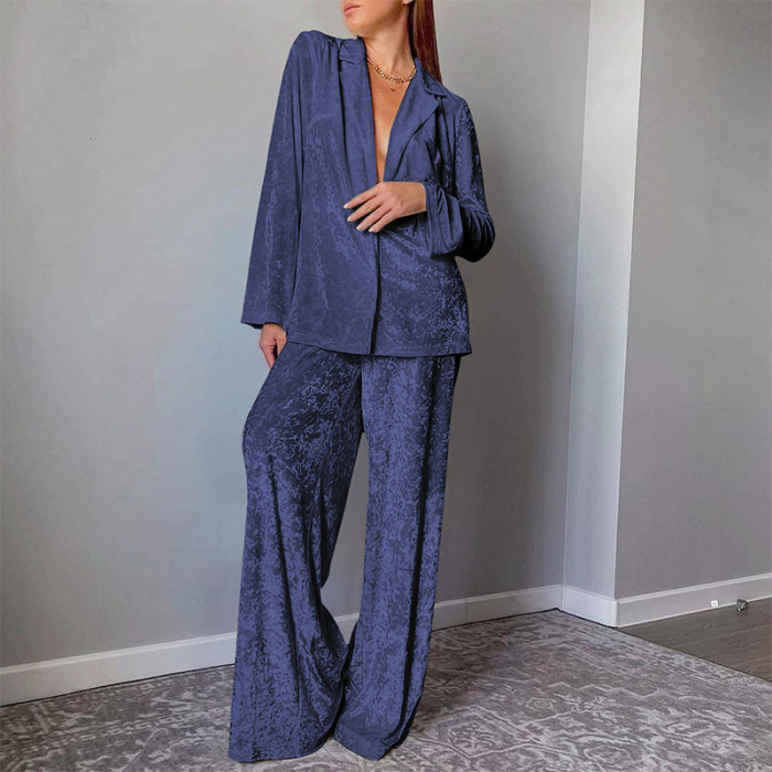 Women Elegant Velvet Shirt Outfits Fashion Lapel Button Long Sleeve Tops and Wide Legger Pant Suits Casual Loose Solid 2Pc Sets