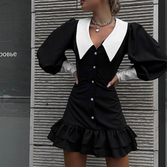 Sexy Black Dresses French Patchwork Puff  Commute V-neck Single Breasted Ruffles Party Dress