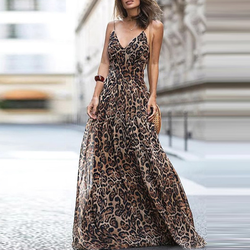 Women Sexy Deep V-neck Pleated Long Dress Vintage Leopard Print Loose Party Dress