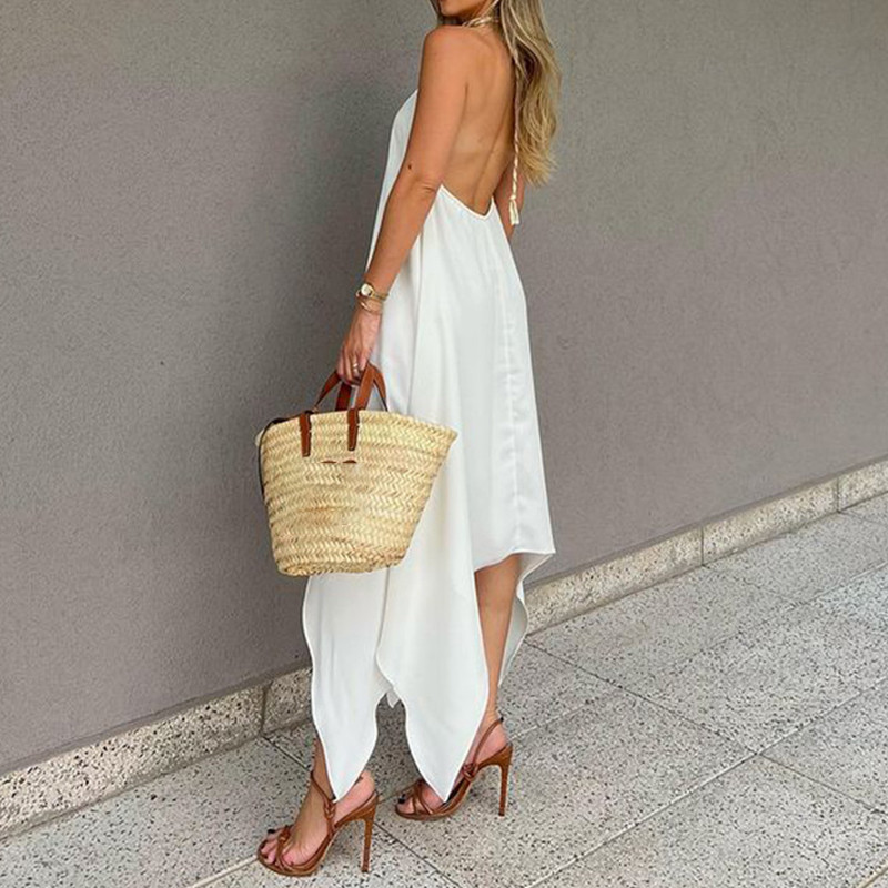 Sexy Tie-up Halter Irregular Off Shoulder Solid Hollow Party  Backless Loose Boho Maxi Dress