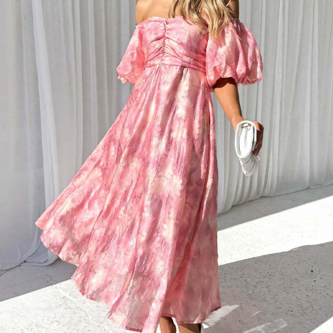 Sexy Off Shoulder Backless Elegant Flower Print Pleated Party Fashion Hight Waist Bohe Beach Dresses