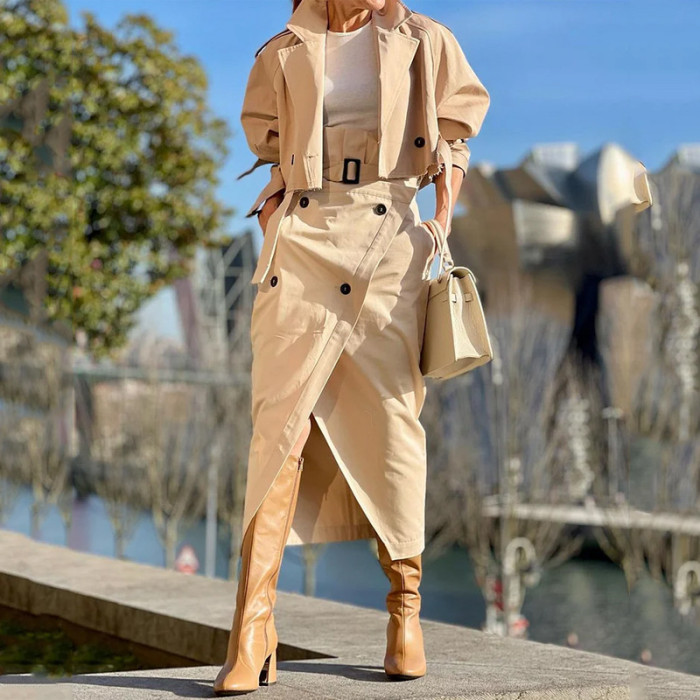Elegant Lapel Collar Office Outfit Women Casual Long Sleeve Jacket & Lace-up Skirt Suit Fashion Pocket Solid Loose Two Piece Set