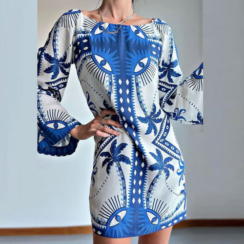 Elegant Pattern Print Loose A-Line Fashion O-neck Long Sleeve  Casual Loose Bohe Party Dress