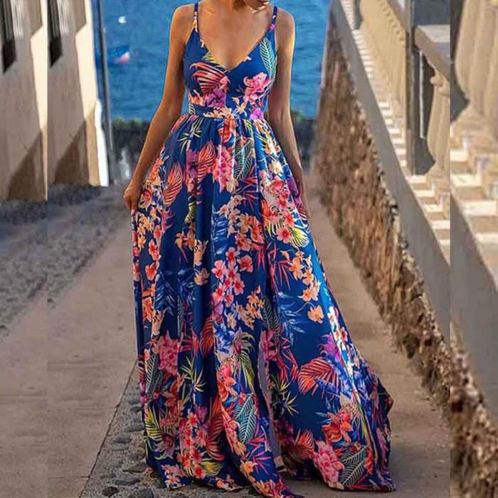 Summer Boho Dress Sexy Deep V-Neck Waist Tight Split Large Hem Maxi Dress Floral Print Sleeveless Sling Beach Holiday Dress