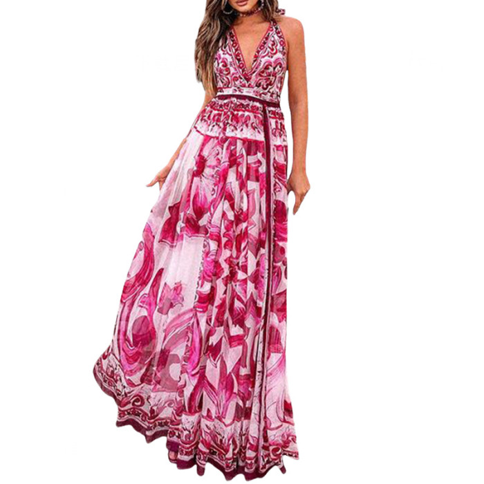 Floral Print Long Maxi Beach Dress Women Sexy Backless Halter Bohemia Party Prom