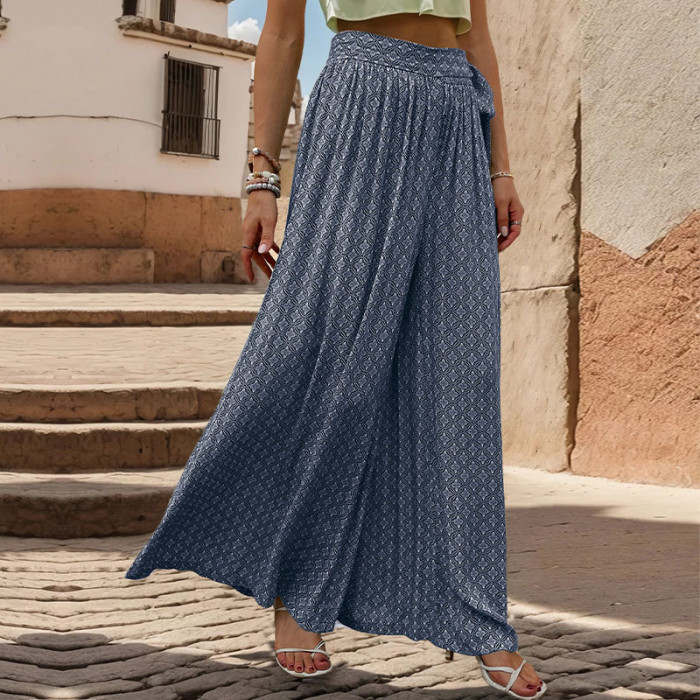 Women's Casual Loose Wide Leg Pants Lace-up High Waist Casual Pants