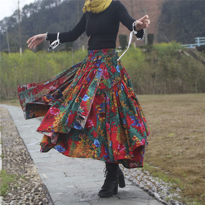 Trend Flower Print Long Cotton Linen Skirt Irregular Maxi Skirt