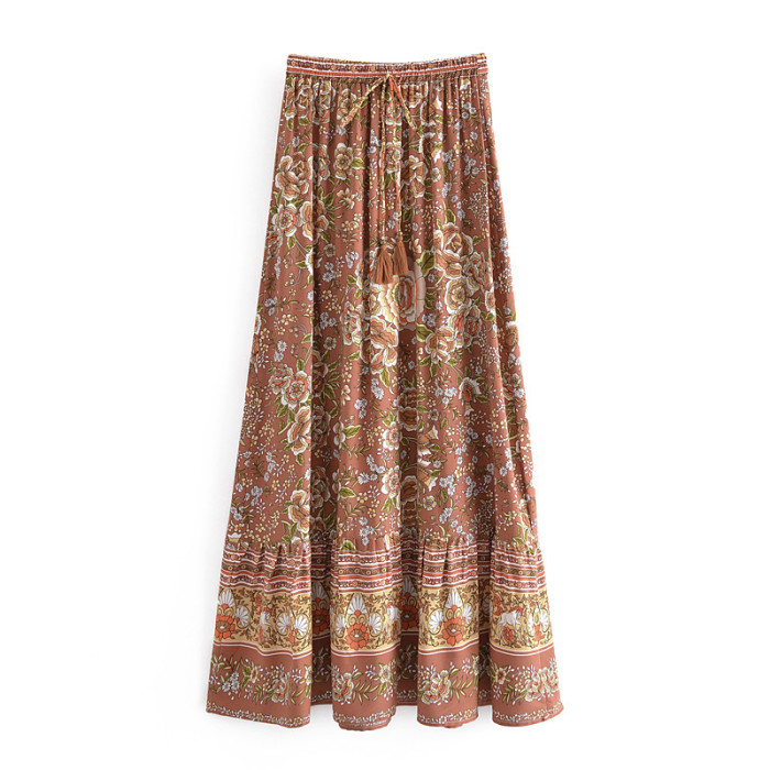 Bohemia Floral Print Long Skirt Spliced Ruched Ruffle Hem Hippie Women Tassel Bow Adjust Waist Swing Skirts Holiday Beach