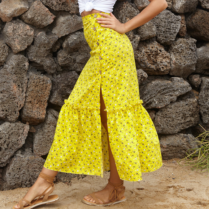 Women's Fashionable Floral Ear Hem High Waist Resort Style Slit A-Line Skirt